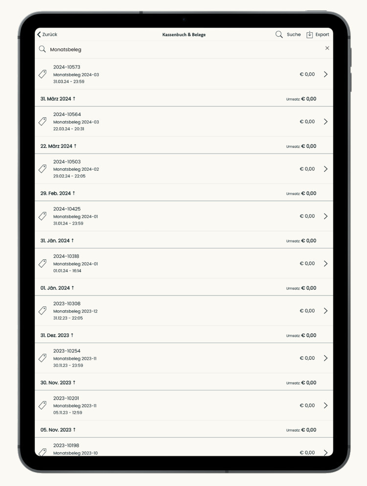 Tablet Registrierkasse Belegliste